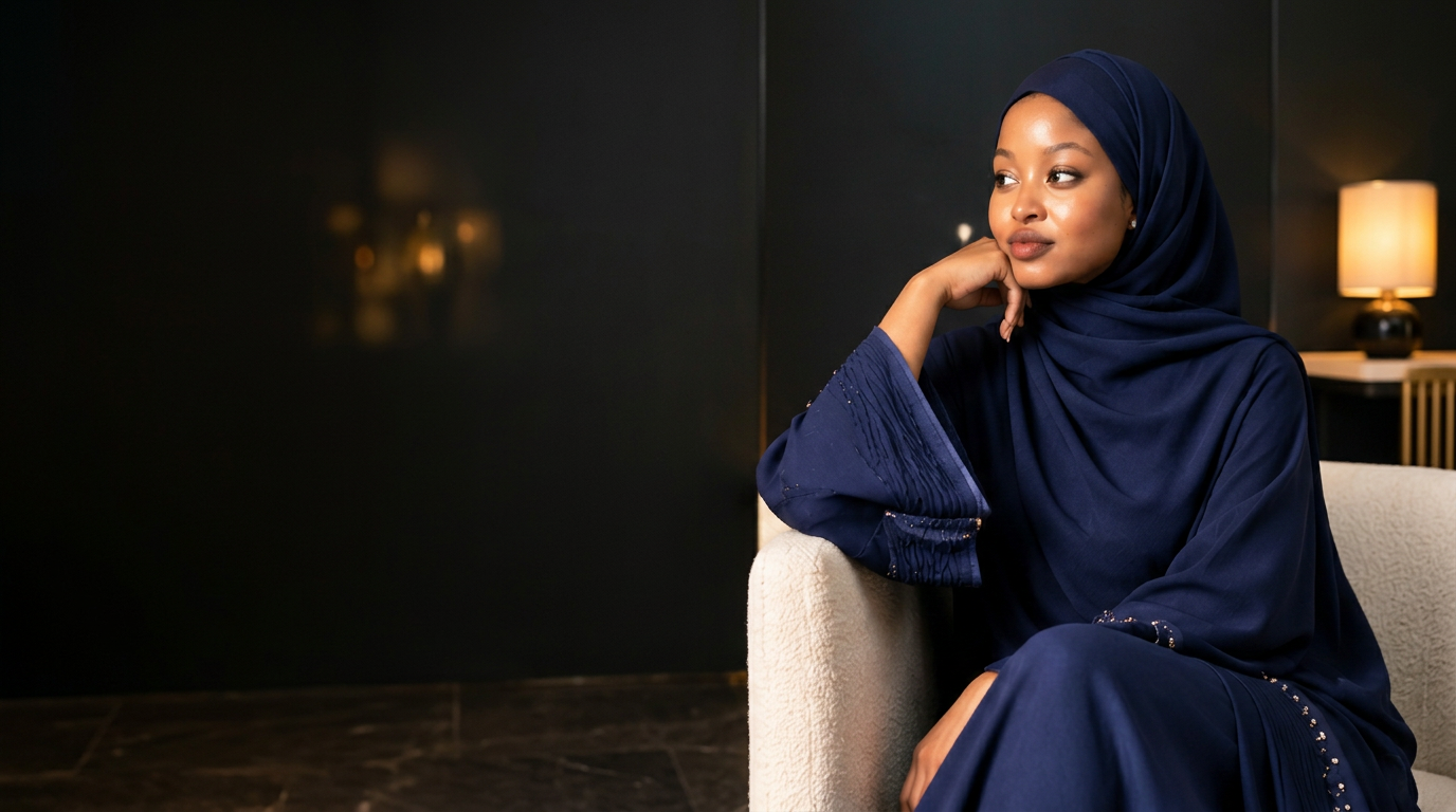 A woman in a royal navy abaya and hijab seated in a warmly lit room